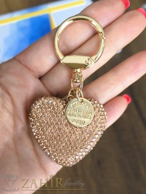 Уникално красиво кристално сърце талисман 4,5 на 4,5 см с двустранно разположени кехлибарени камъни на позлатен ключодържател 9 см - KL1205